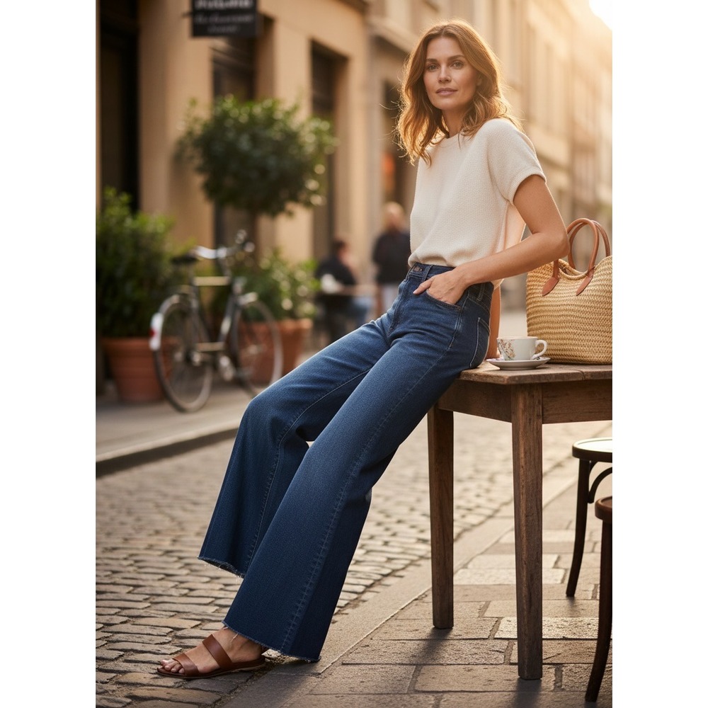 Retro Madewell Flared Wide-Leg Jeans Raw Hem Dark Wash 27
